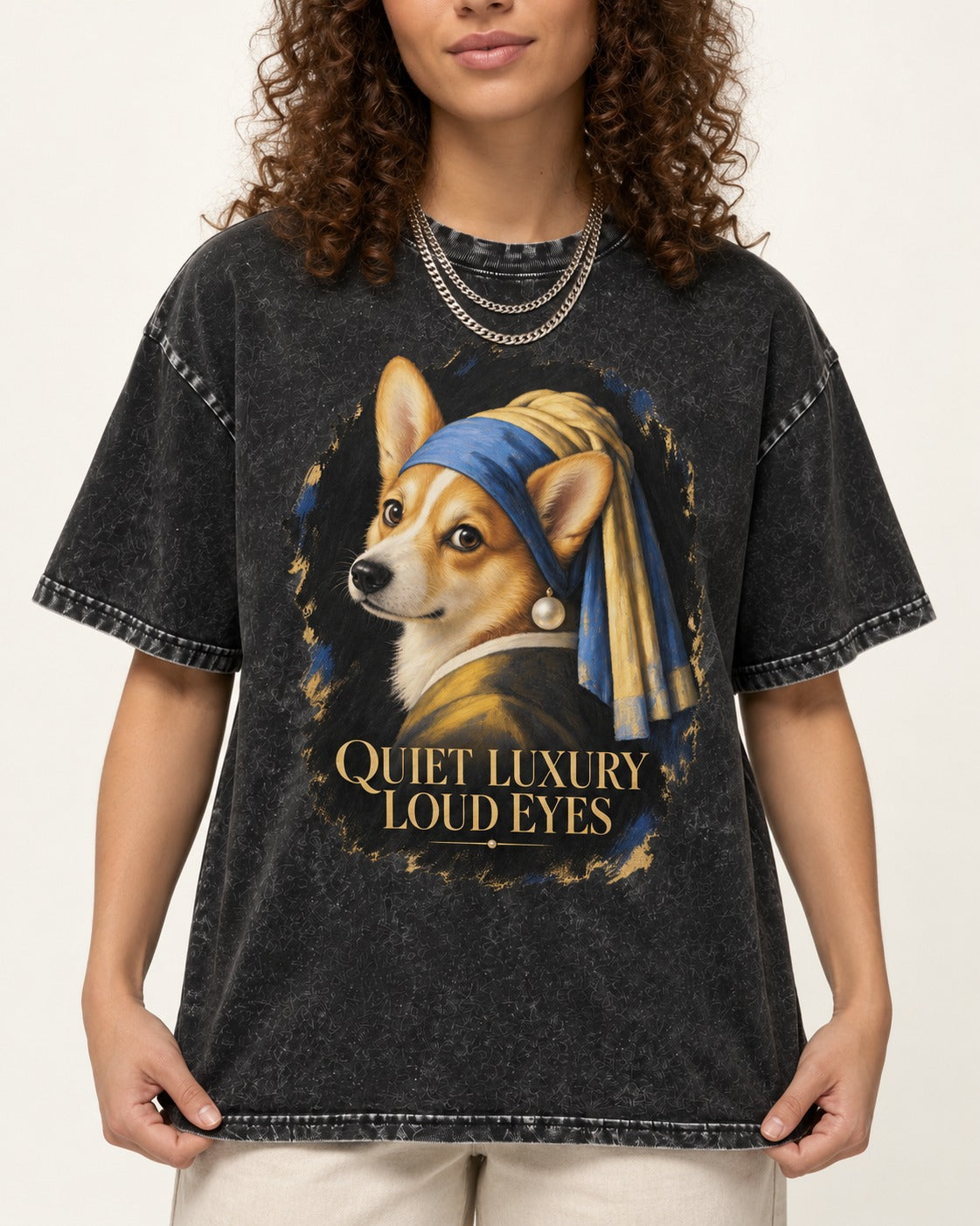 Corgi Quiet Luxury Loud Eyes Pearl Earring Portrait Washed Tee in Black, worn by a model, front view