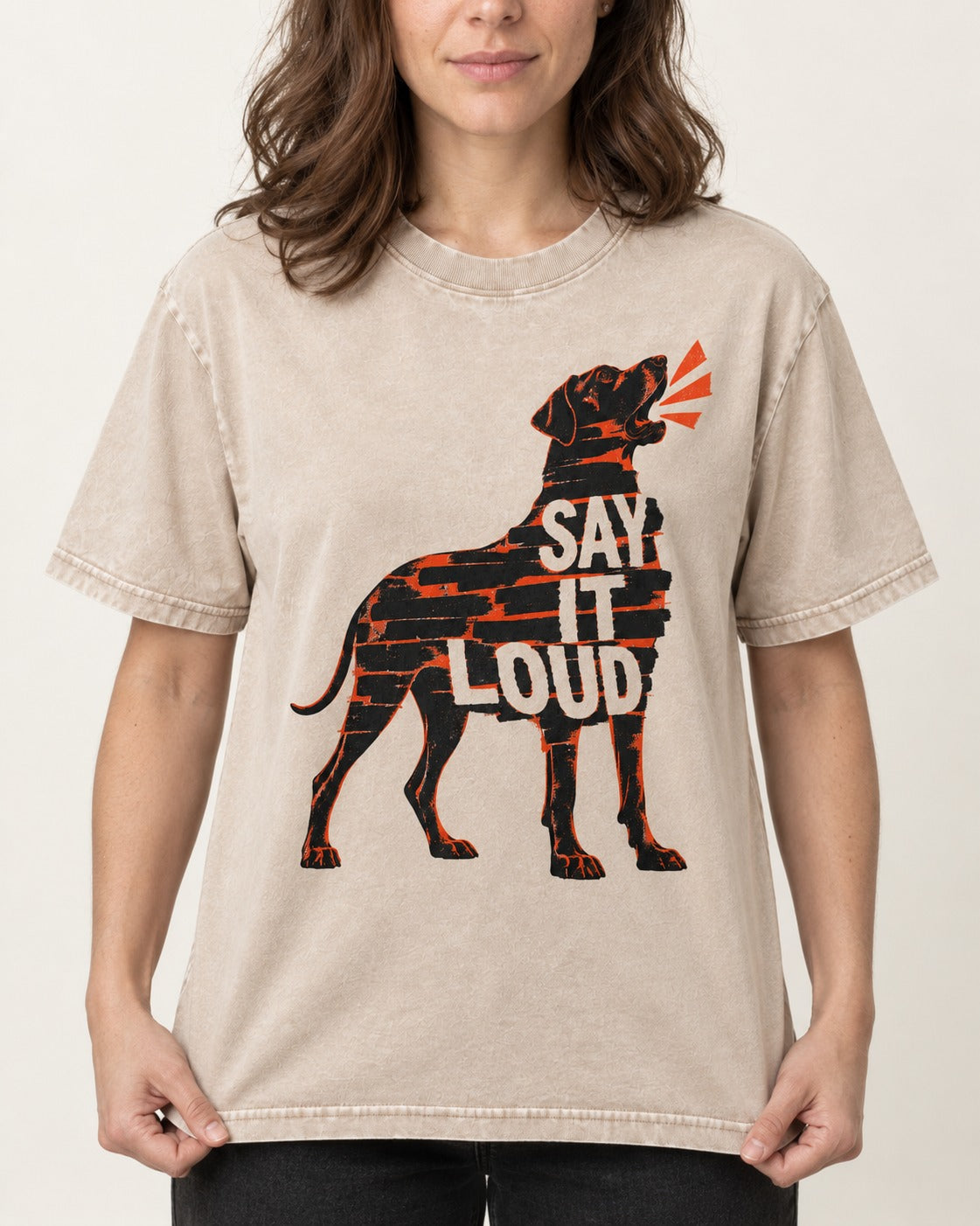 Great Dane Say It Loud Washed Tee in Apricot, worn by a model, front view