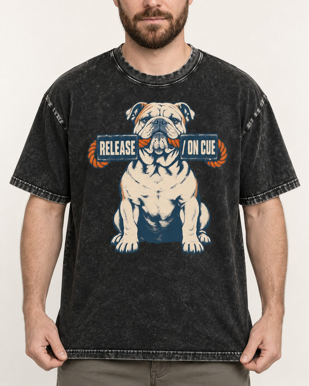 English Bulldog Release on Cue Rope Sign Graphic Washed Tee in Black, worn by a model, front view