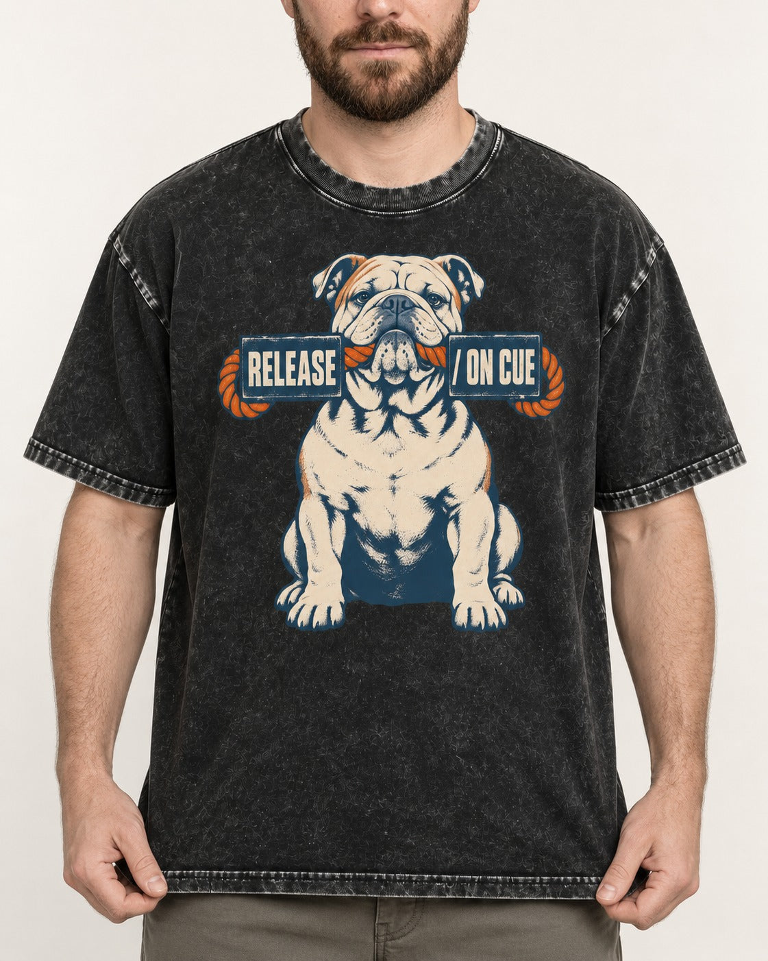 English Bulldog Release on Cue Rope Sign Graphic Washed Tee in Black, worn by a model, front view