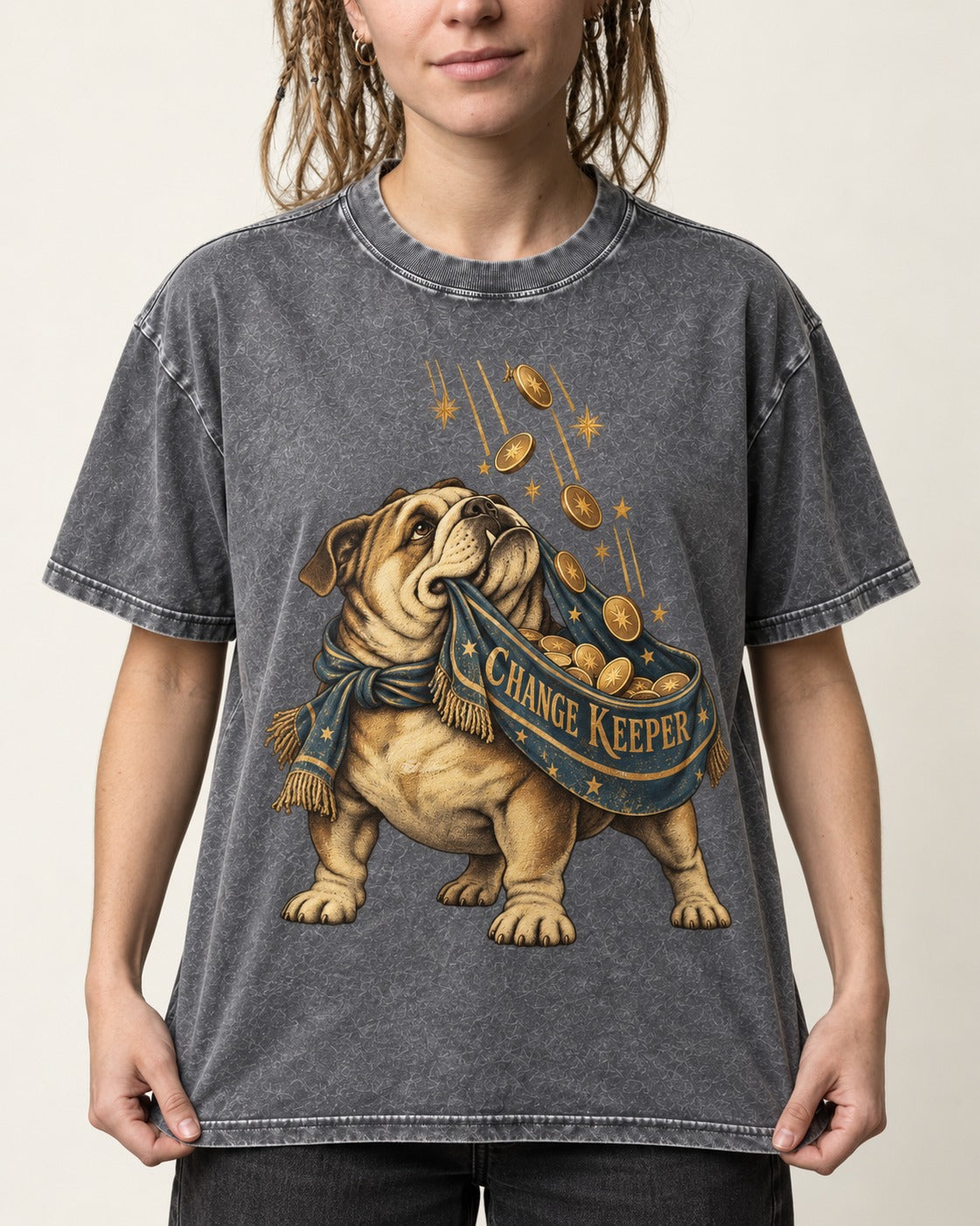 English Bulldog Change Keeper Coin Scarf Graphic Washed Tee in Gray, worn by a model, front view