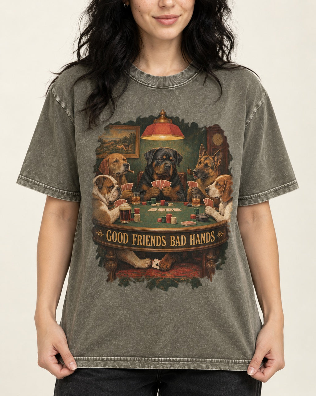 Rottweiler Good Friends Bad Hands Poker Night Graphic Washed Tee in Army Green, worn by a model, front view