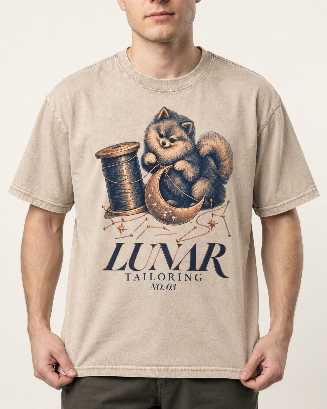 Pomeranian's Lunar Tailoring Washed Tee in Apricot, worn by a model, front view
