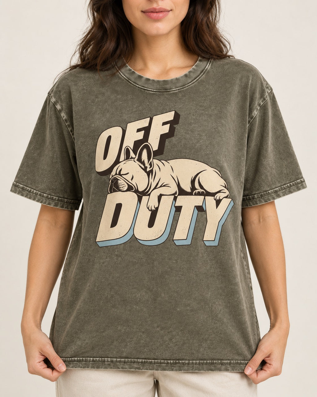 Frenchie Off Duty Sleeping Type Graphic Washed Tee in Army Green, worn by a model, front view