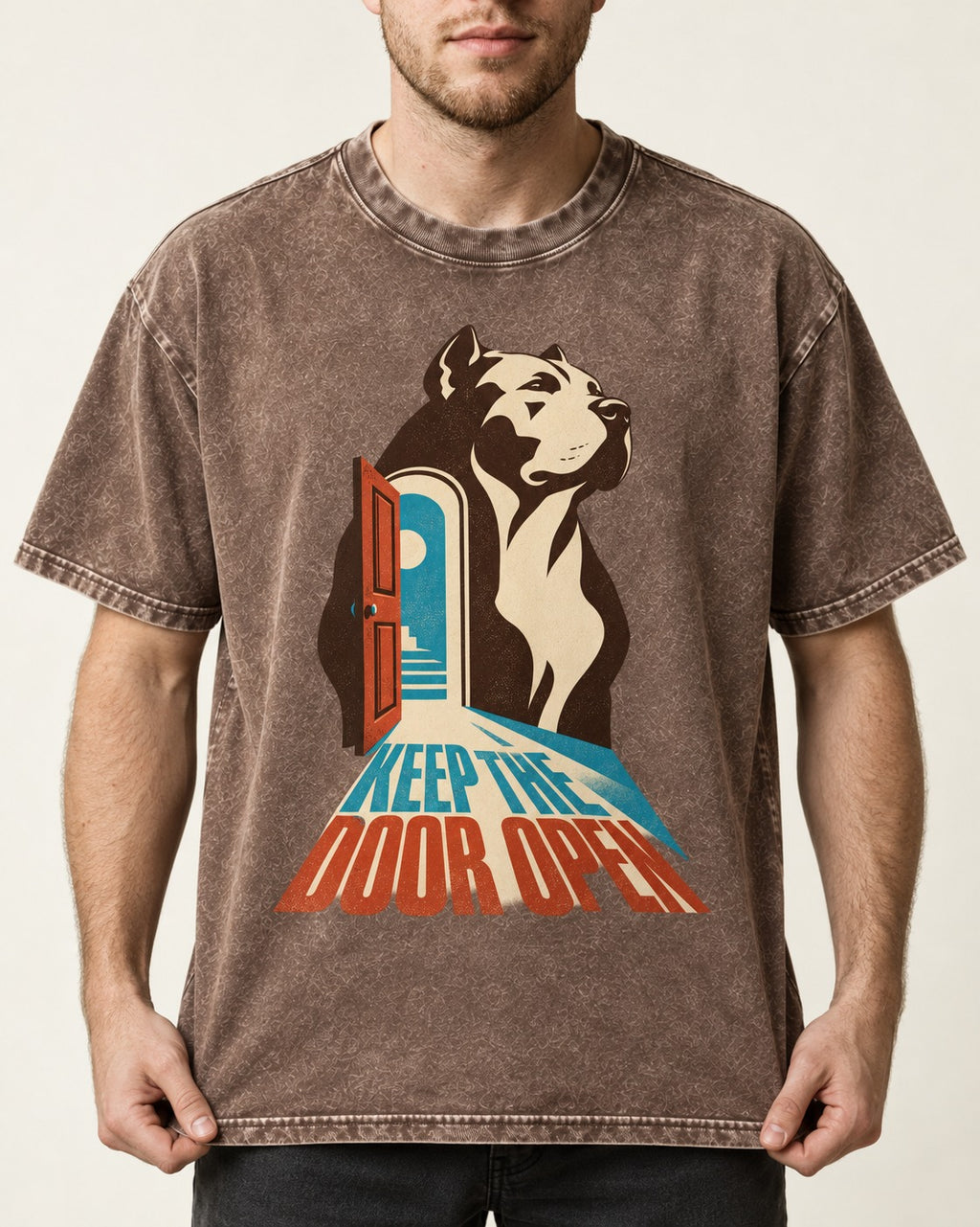 Keep the Door Open Pitbull Washed Tee in Coffee, worn by a model, front view
