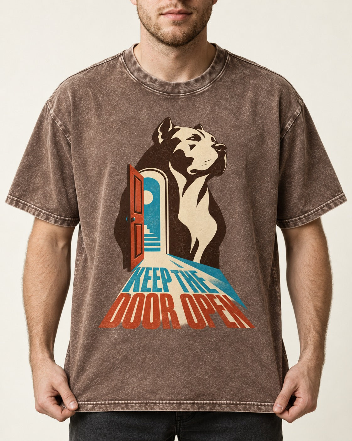 Keep the Door Open Pitbull Washed Tee in Coffee, worn by a model, front view