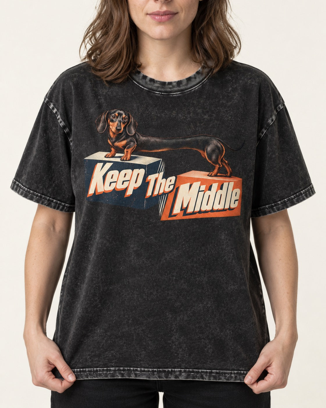 Dachshund Keep The Middle Block Bridge Graphic Washed Tee in Black, worn by a model, front view