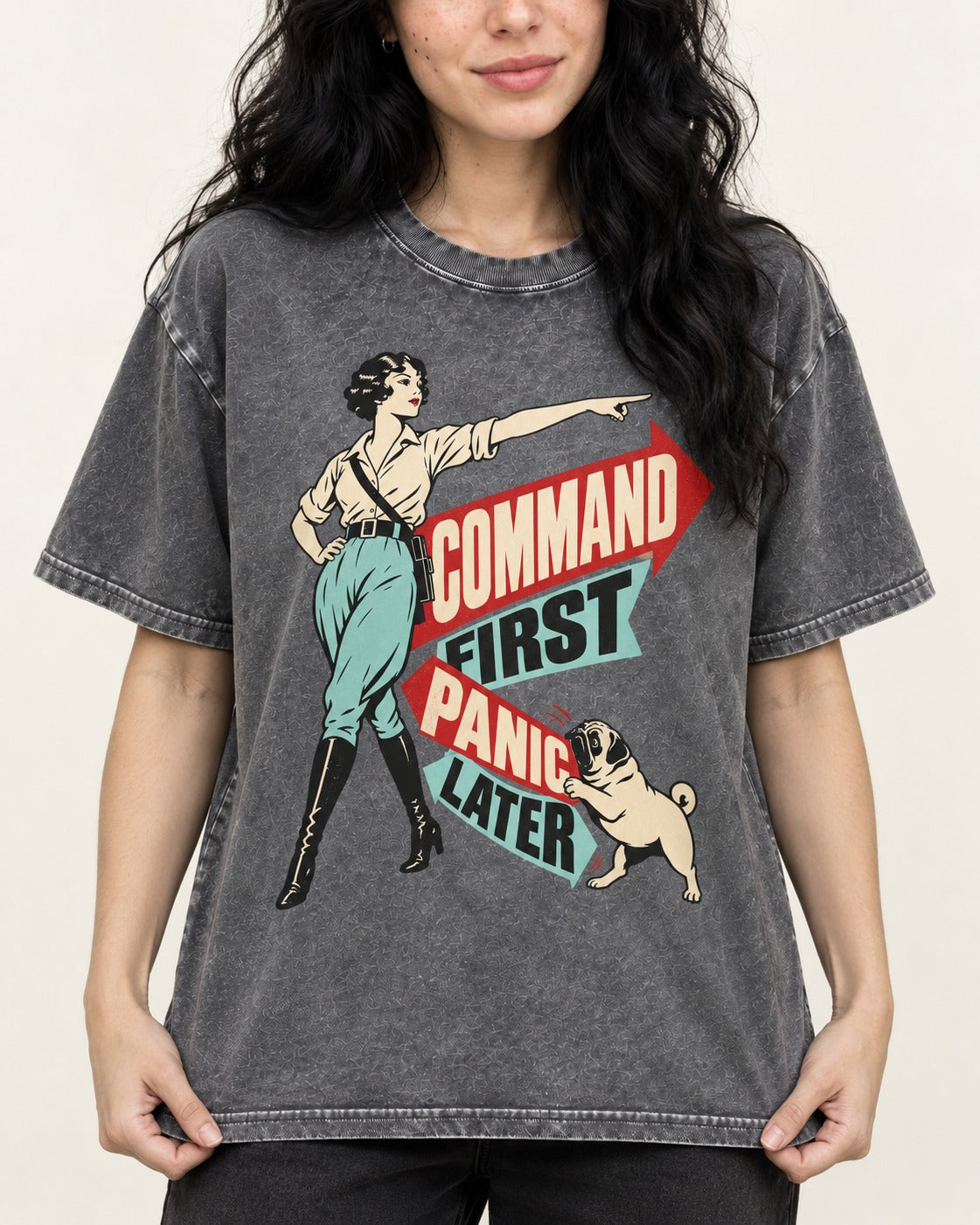 Pug Command First Panic Later Directional Graphic Washed Tee in Gray, worn by a model, front view