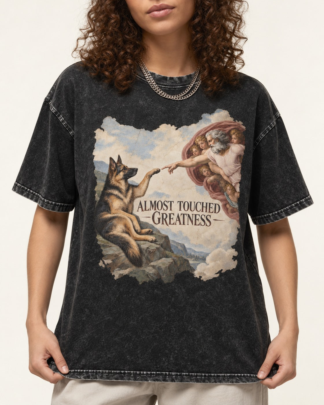 German Shepherd Dog Almost Touched Greatness Creation Parody Washed Tee in Black, worn by a model, front view