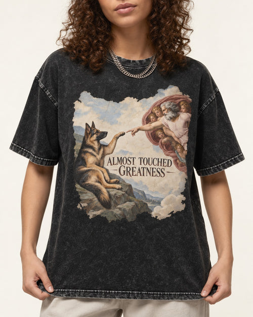 Almost Touched Greatness German Shepherd Dog Washed Tee in Black, worn by a model, front view