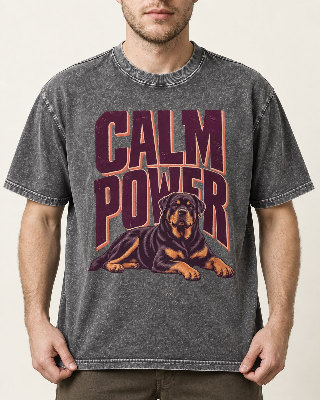Rottweiler Calm Power Resting Dog Graphic Washed Tee in Gray, worn by a model, front view