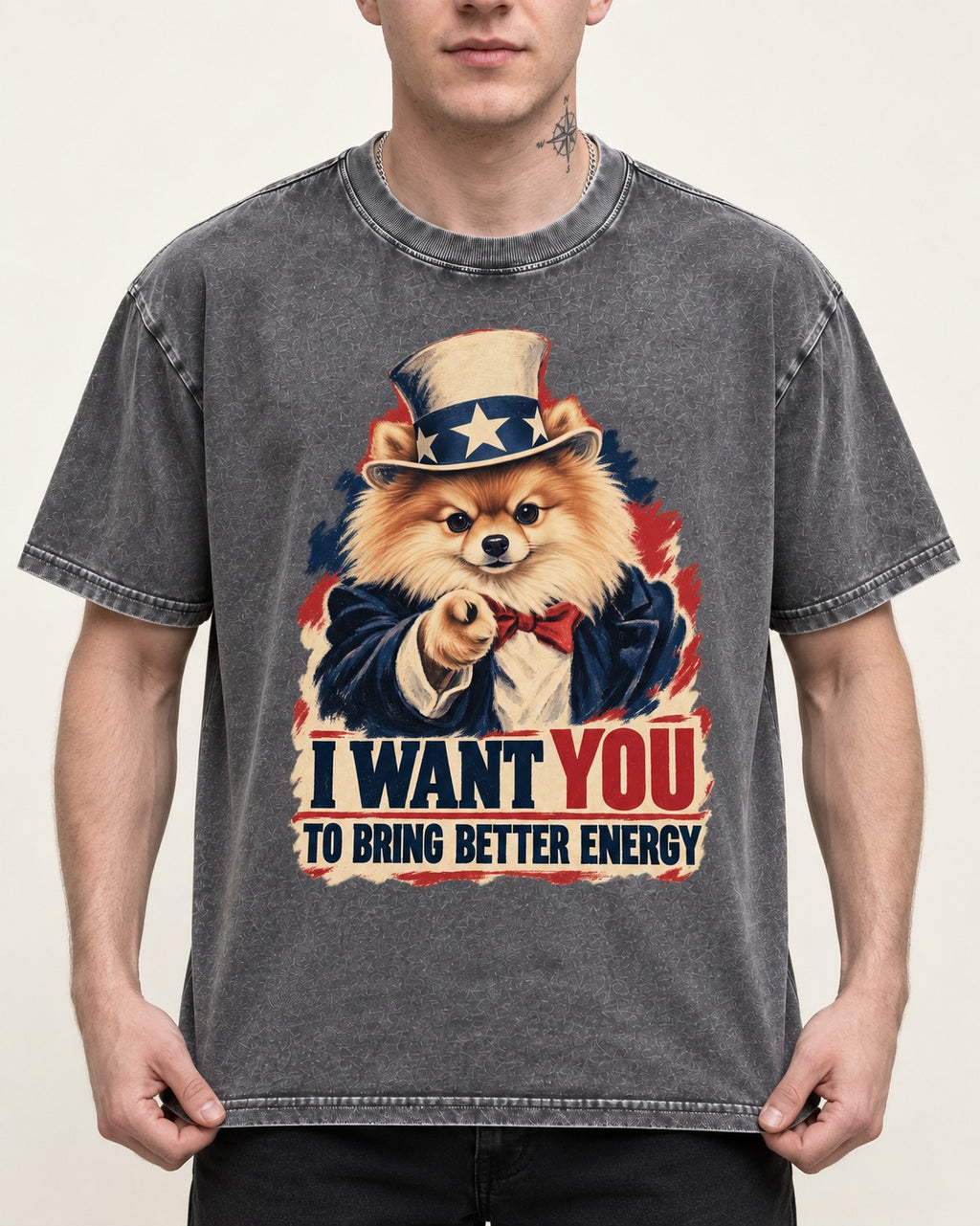 Pomeranian I Want You to Bring Better Energy Uncle Sam Graphic Washed Tee in Gray, worn by a model, front view