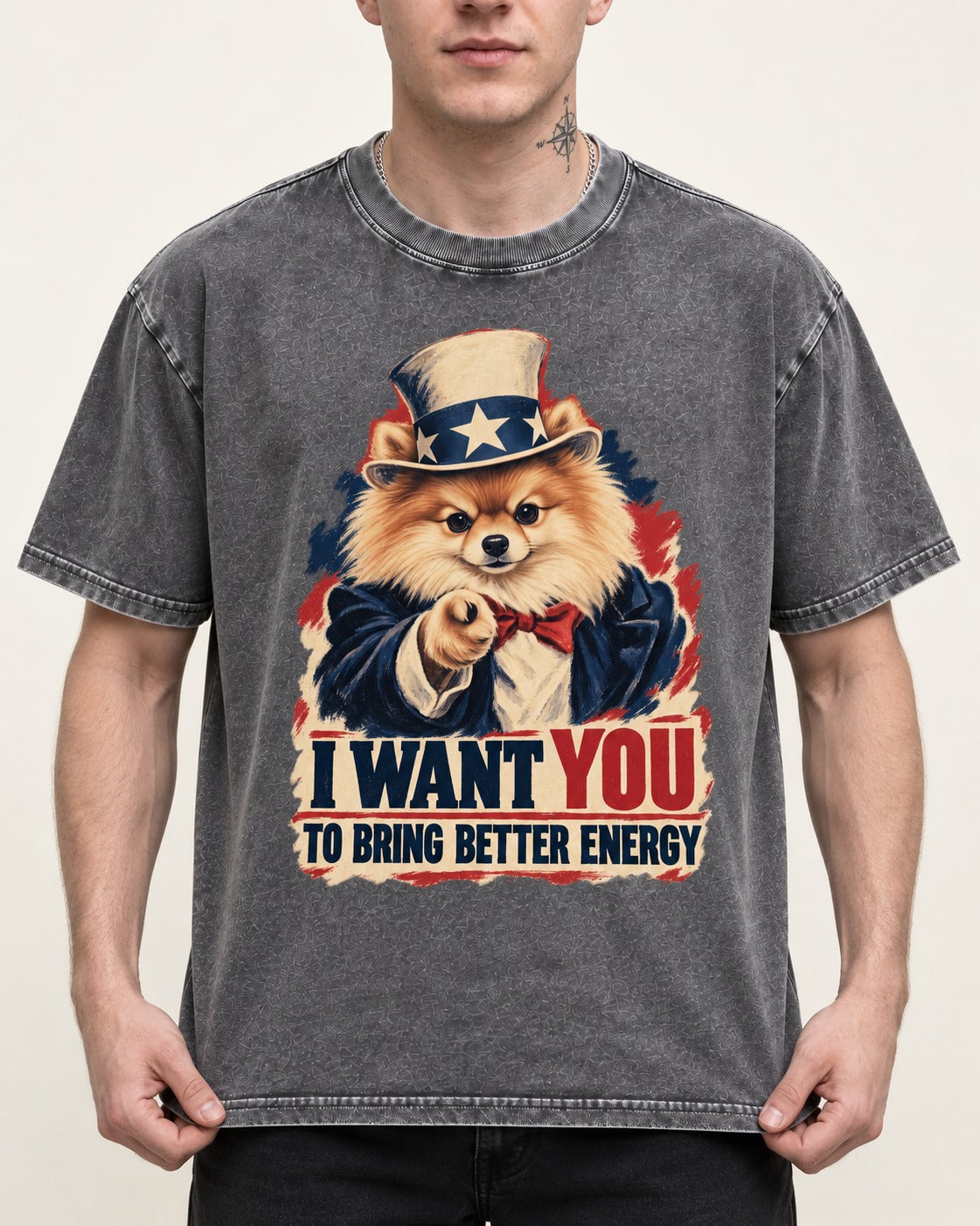 Pomeranian I Want You to Bring Better Energy Uncle Sam Graphic Washed Tee in Gray, worn by a model, front view