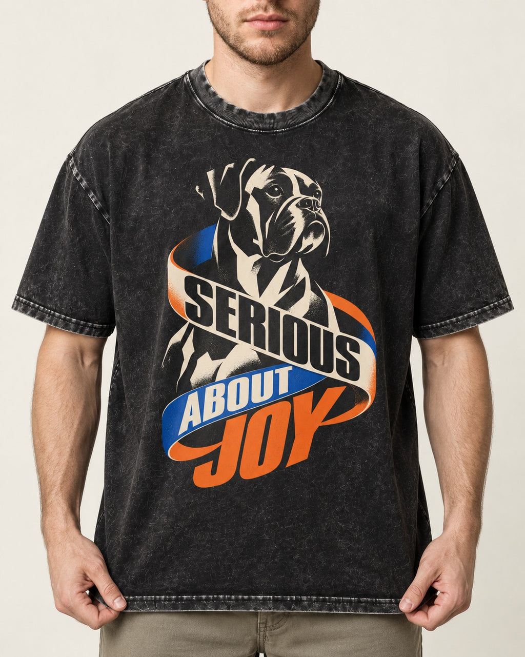 Boxer Serious About Joy Washed Tee in Black, worn by a model, front view