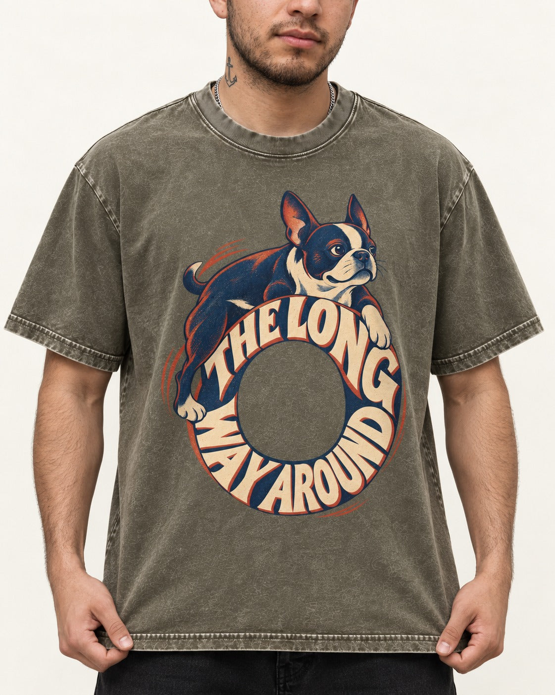 Boston Terrier the Long Way Around Washed Tee in Army Green, worn by a model, front view