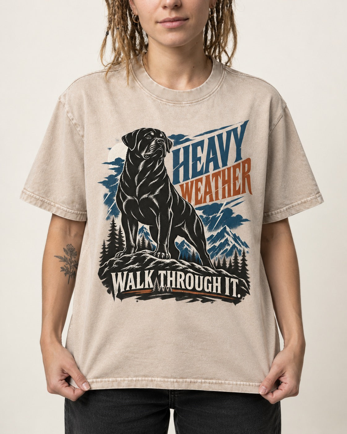 Heavy Weather Rottweiler Washed Tee in Apricot, worn by a model, front view