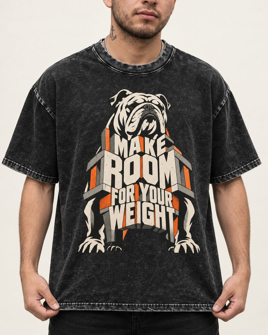 English Bulldog Make Room for Your Weight Dimensional Typography Washed Tee in Black, worn by a model, front view