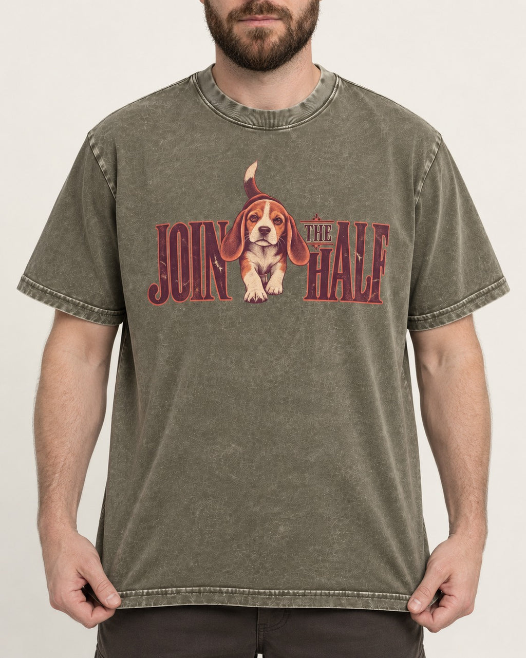 Beagle Join The Half Washed Tee in Army Green, worn by a model, front view