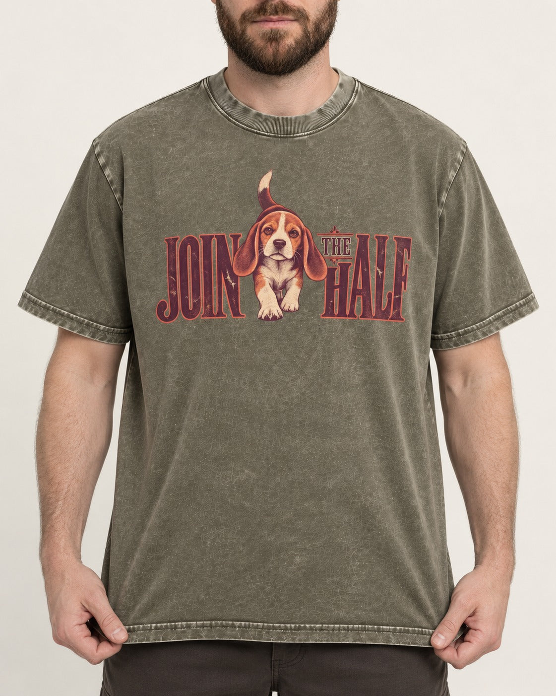 Beagle Join The Half Washed Tee in Army Green, worn by a model, front view