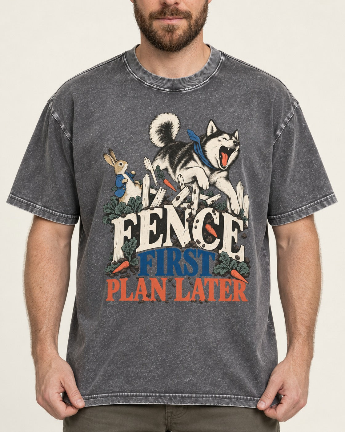 Husky Fence First Plan Later Garden Escape Graphic Washed Tee in Gray, worn by a model, front view