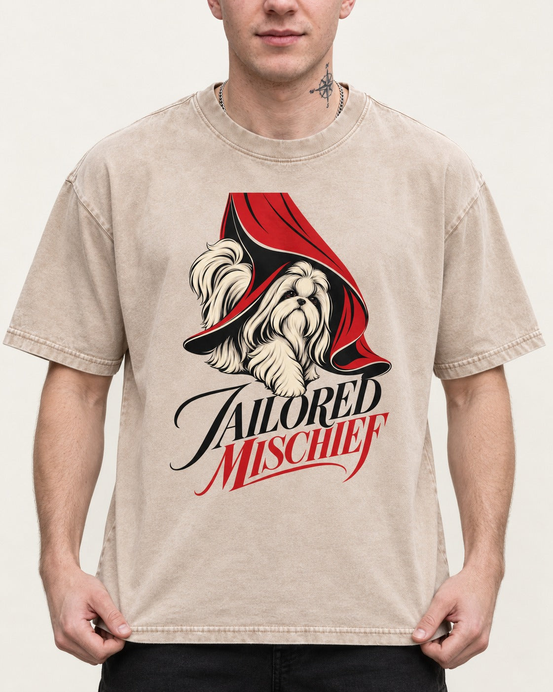 Tailored Mischief Shih Tzu Washed Tee in Apricot, worn by a model, front view
