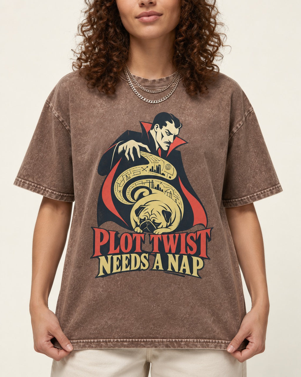 Pug Needs a Nap Washed Tee in Coffee, worn by a model, front view