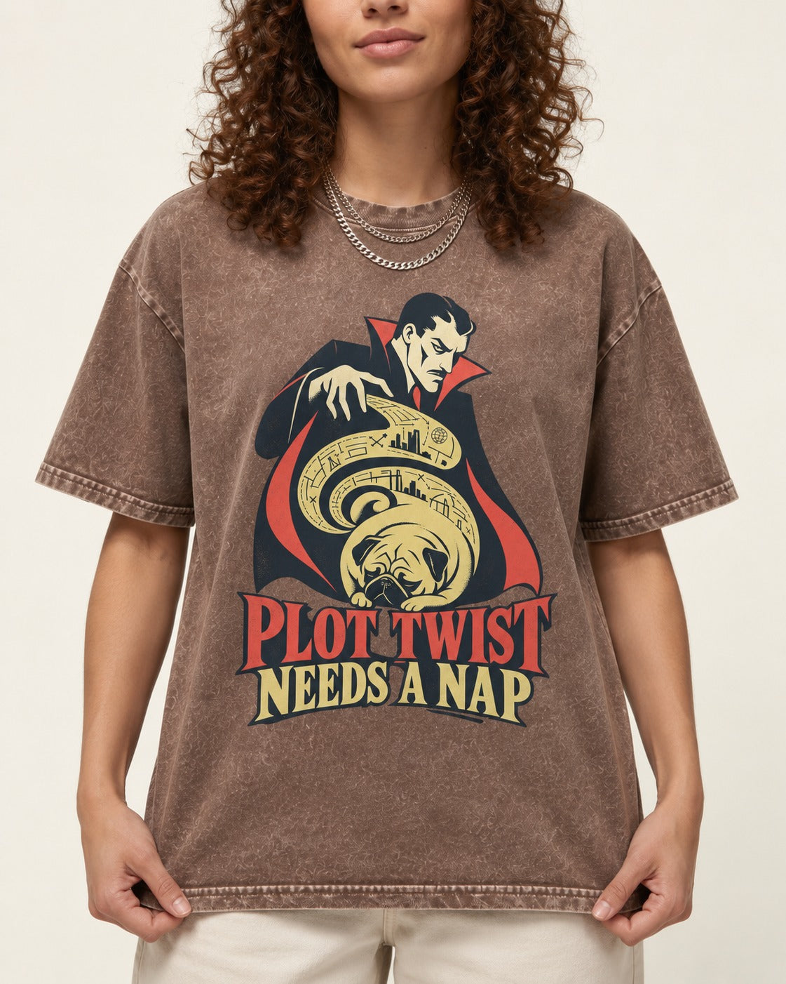 Pug Needs a Nap Washed Tee in Coffee, worn by a model, front view