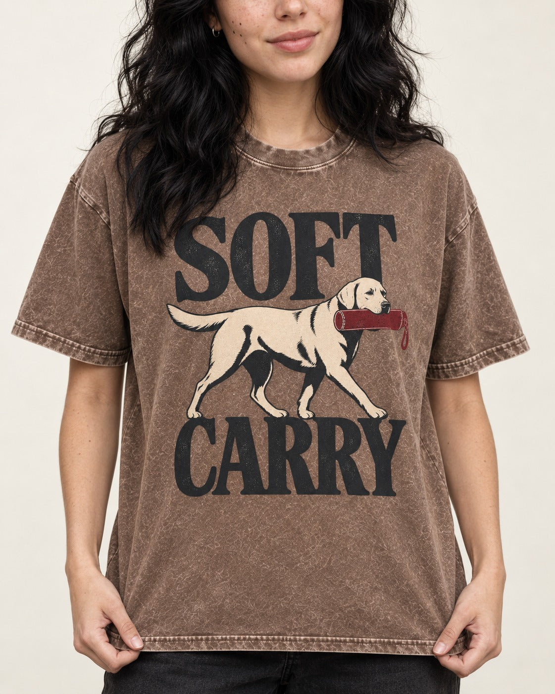 Soft Carry Labrador Retriever Washed Tee in Coffee, worn by a model, front view