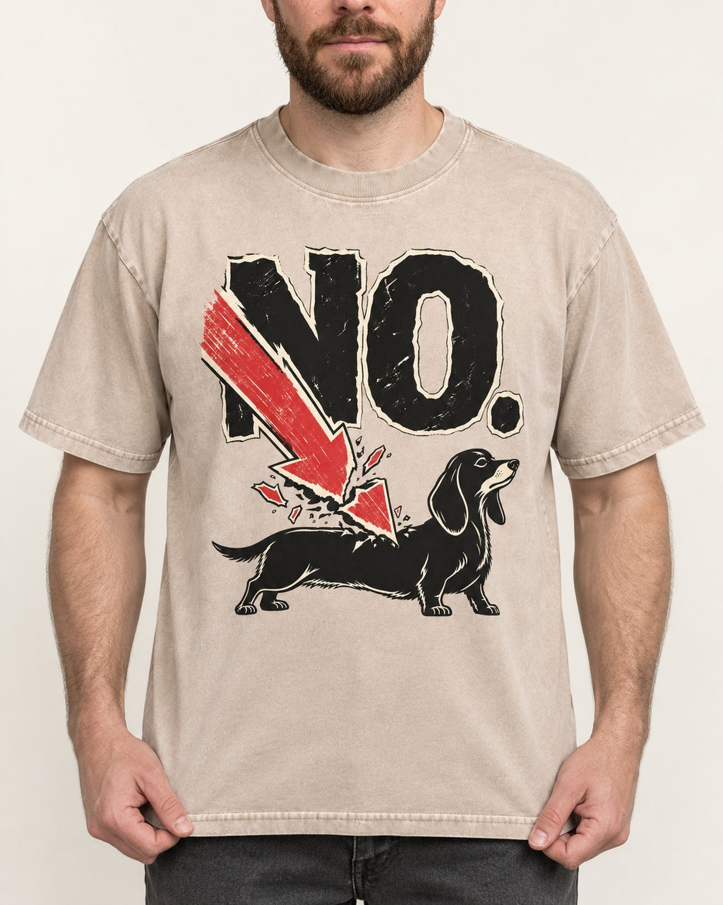 Dachshund Says No Washed Tee in Apricot, worn by a model, front view