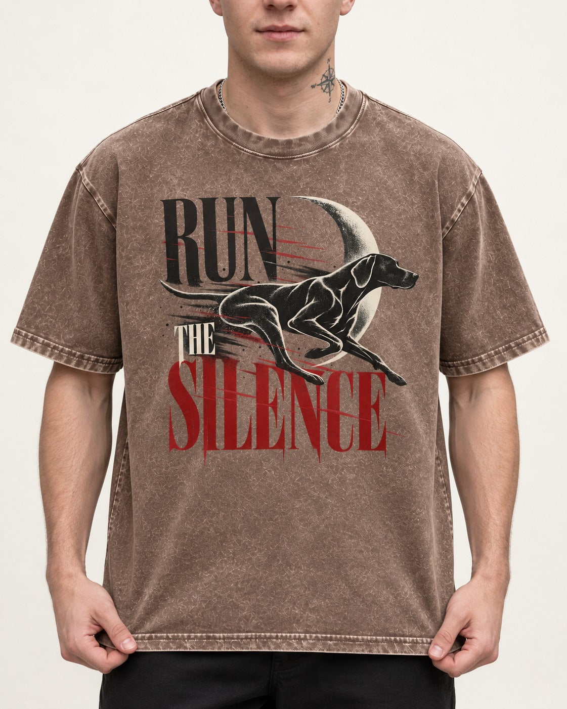 Run the Silence German Shorthaired Pointer Washed Tee in Coffee, worn by a model, front view