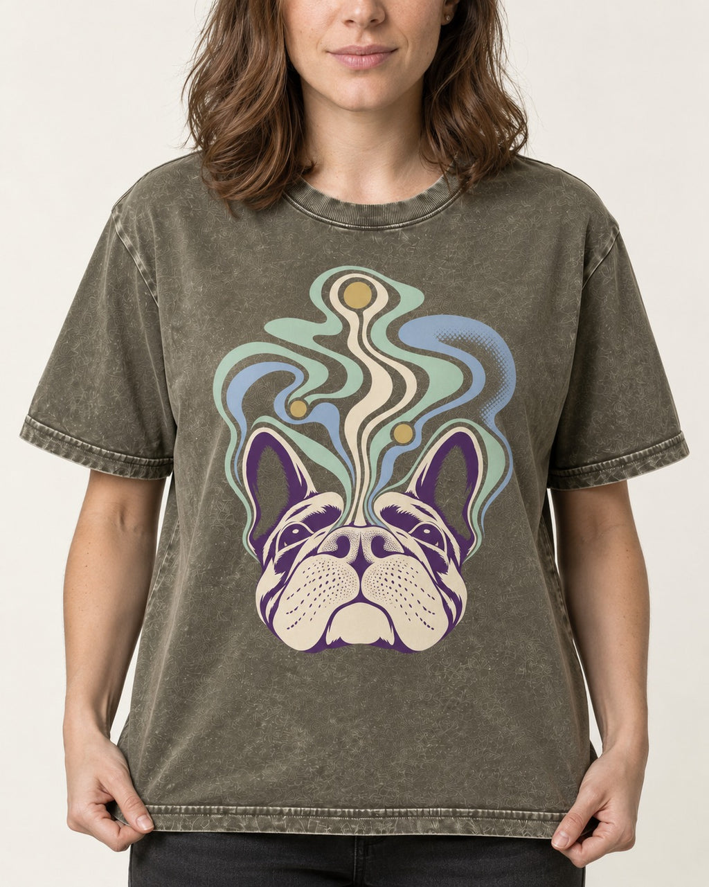 Frenchie Scent Cartography Vapor Route Graphic Washed Tee in Army Green, worn by a model, front view