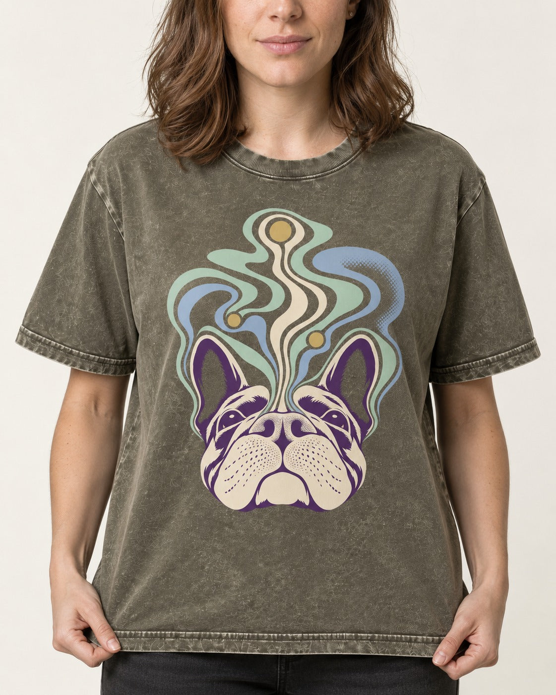 Frenchie Scent Cartography Vapor Route Graphic Washed Tee in Army Green, worn by a model, front view