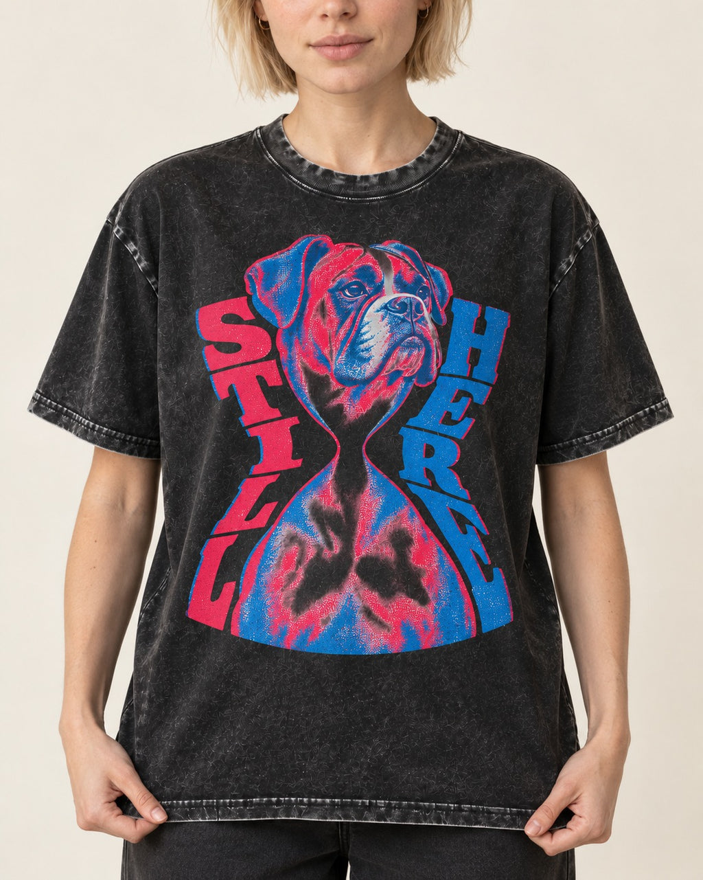Stay Here Boxer Duotone Portrait Washed Tee in Black, worn by a model, front view