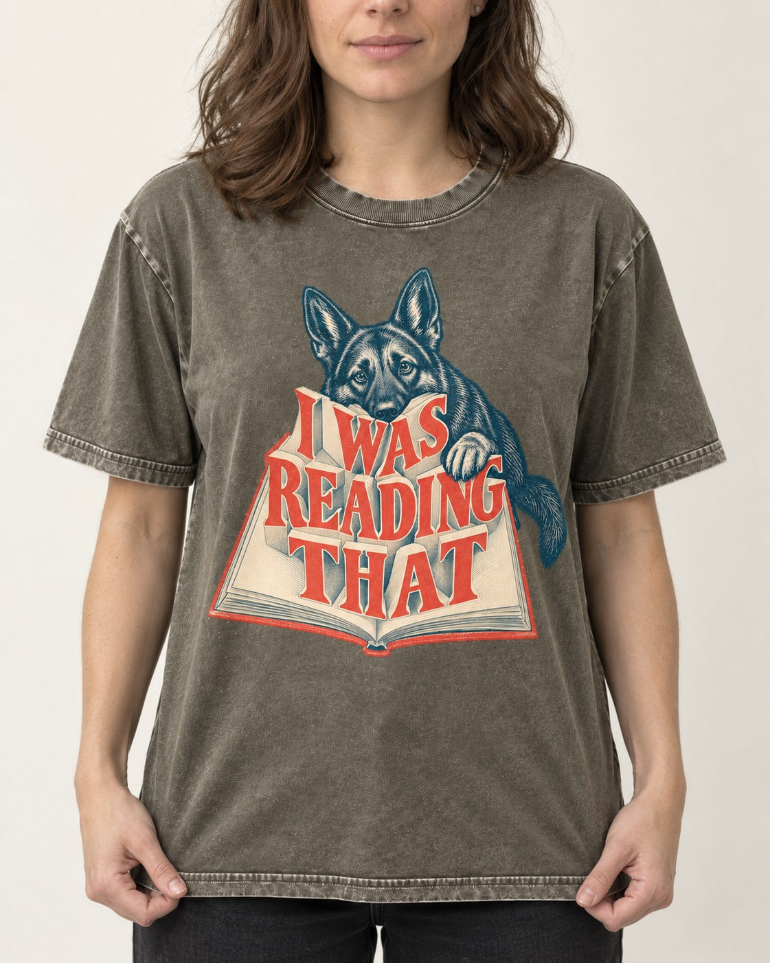 German Shepherd Dog I Was Reading That Open Book Graphic Washed Tee in Army Green, worn by a model, front view