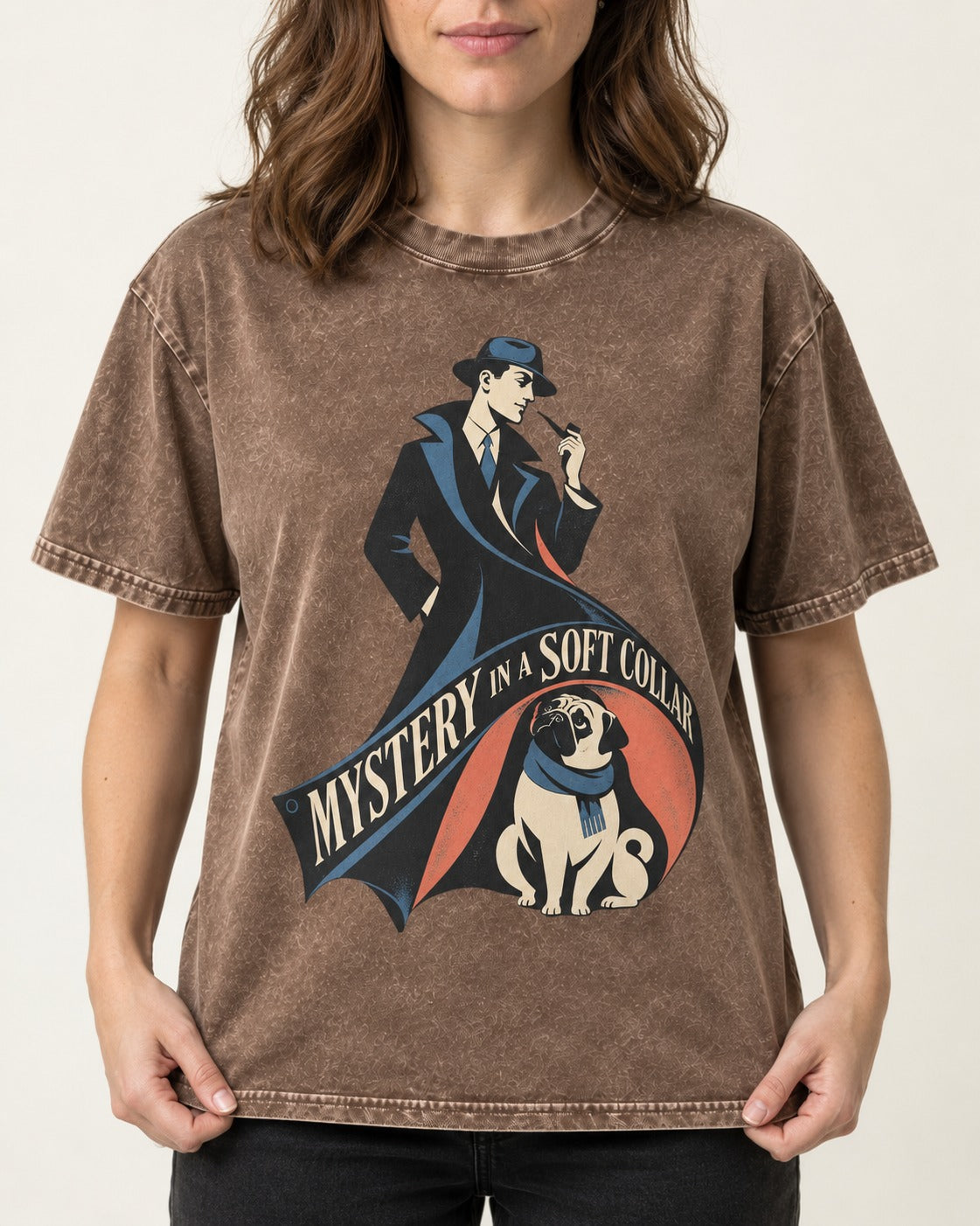 Pug Soft Collar Mystery Washed Tee in Coffee, worn by a model, front view