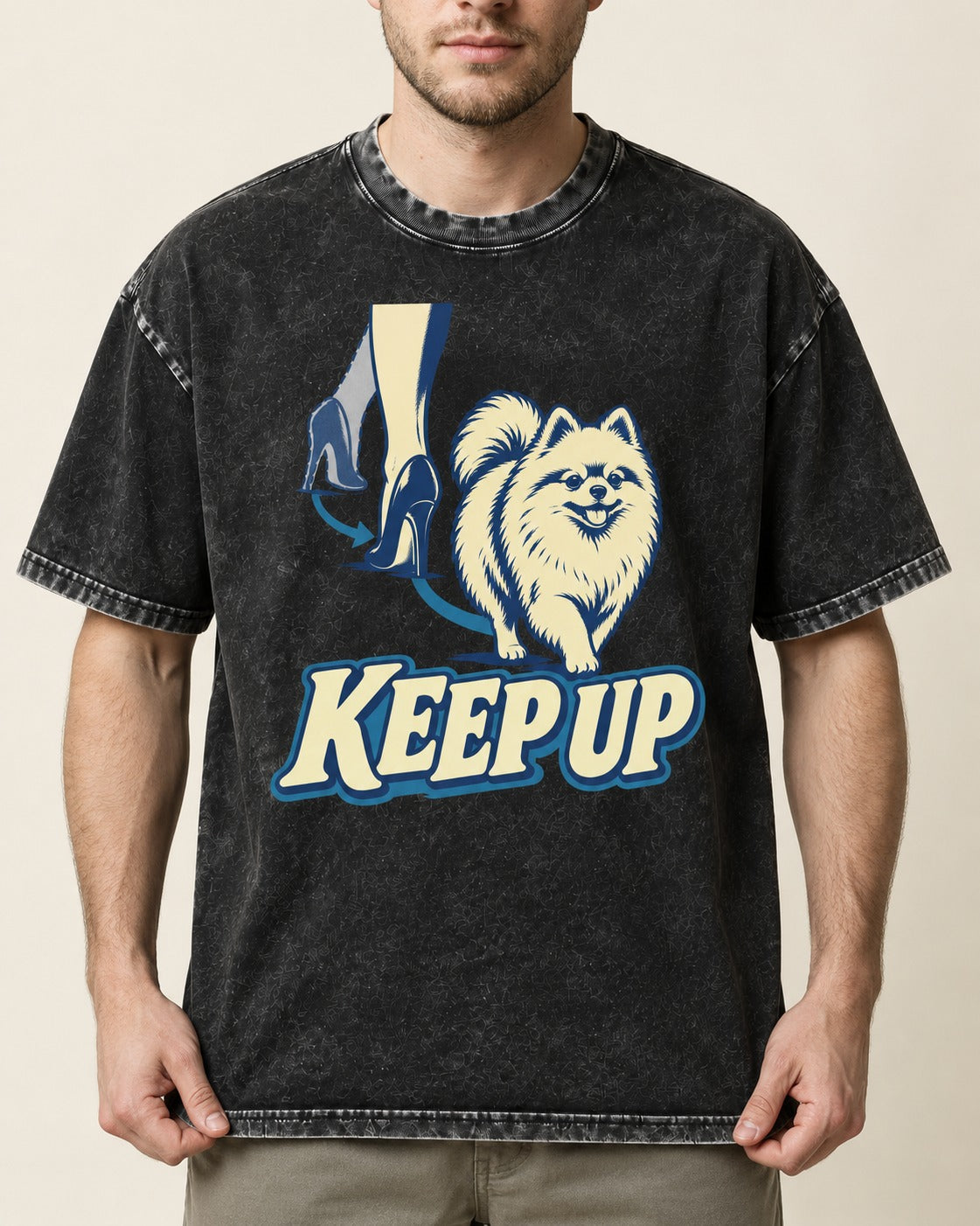Pomeranian Keep Up High Heel Chase Graphic Washed Tee in Black, worn by a model, front view