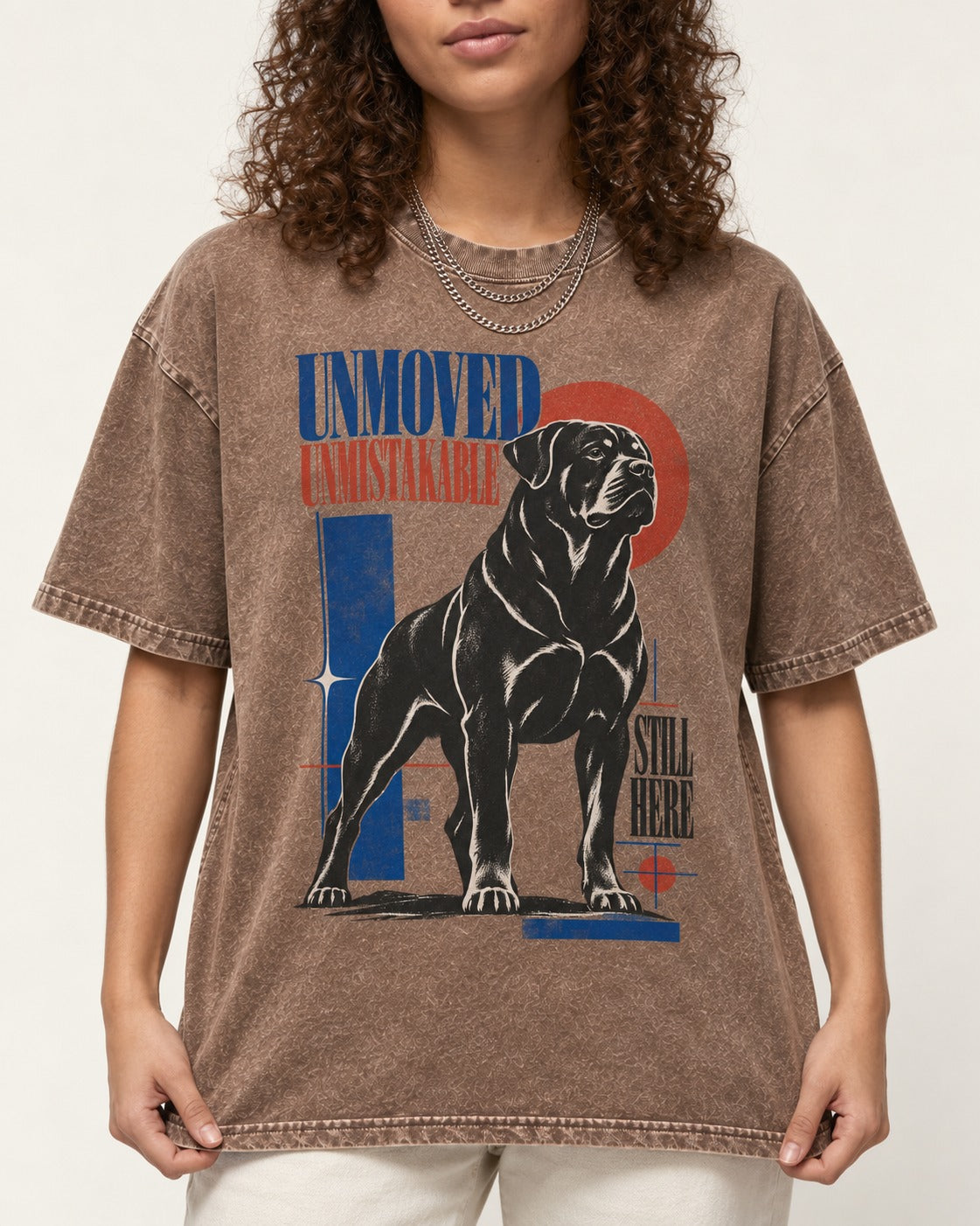 Unmoved Unmistakable Rottweiler Washed Tee in Coffee, worn by a model, front view