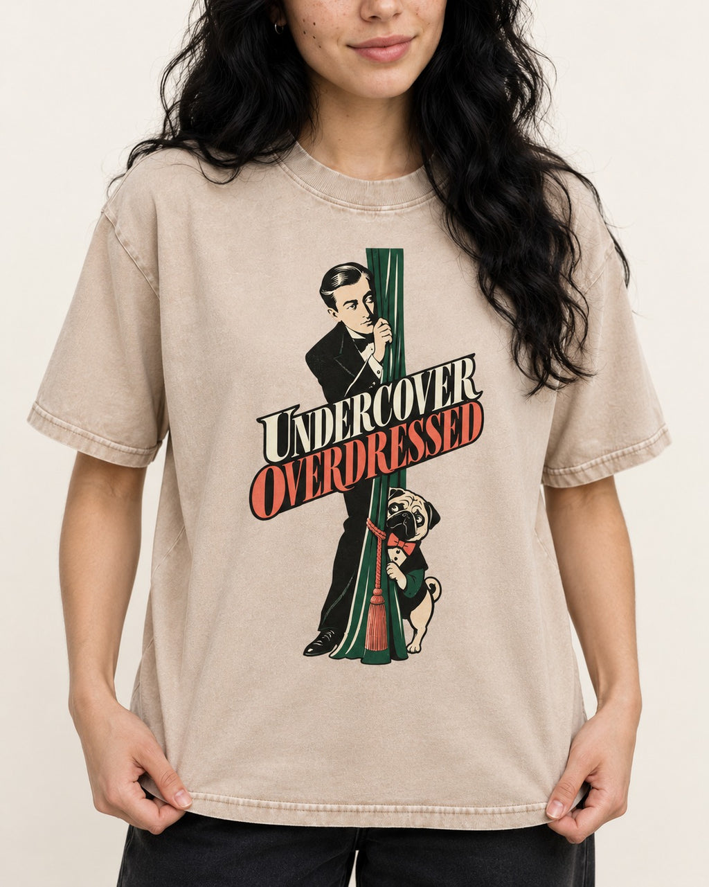 Undercover Overdressed Pug Washed Tee in Apricot, worn by a model, front view