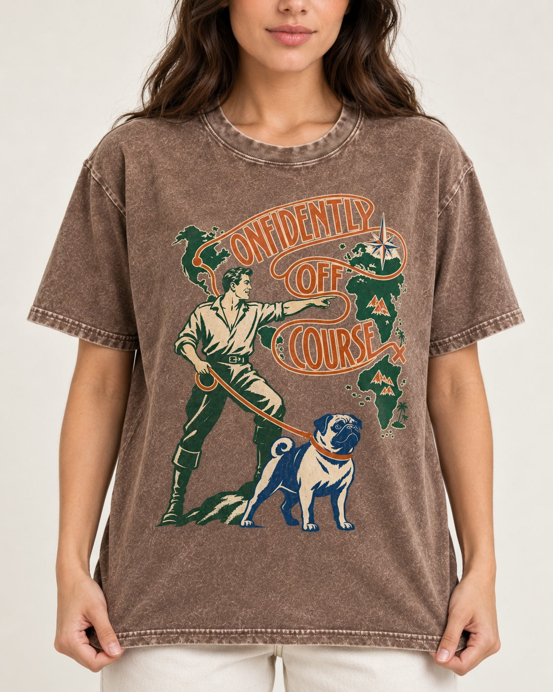 Pug Confidently Off Course Washed Tee in Coffee, worn by a model, front view