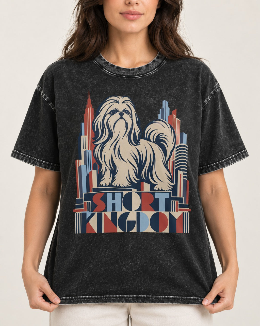 Shih Tzu Short Kingdom Art Deco Skyline Graphic Washed Tee in Black, worn by a model, front view