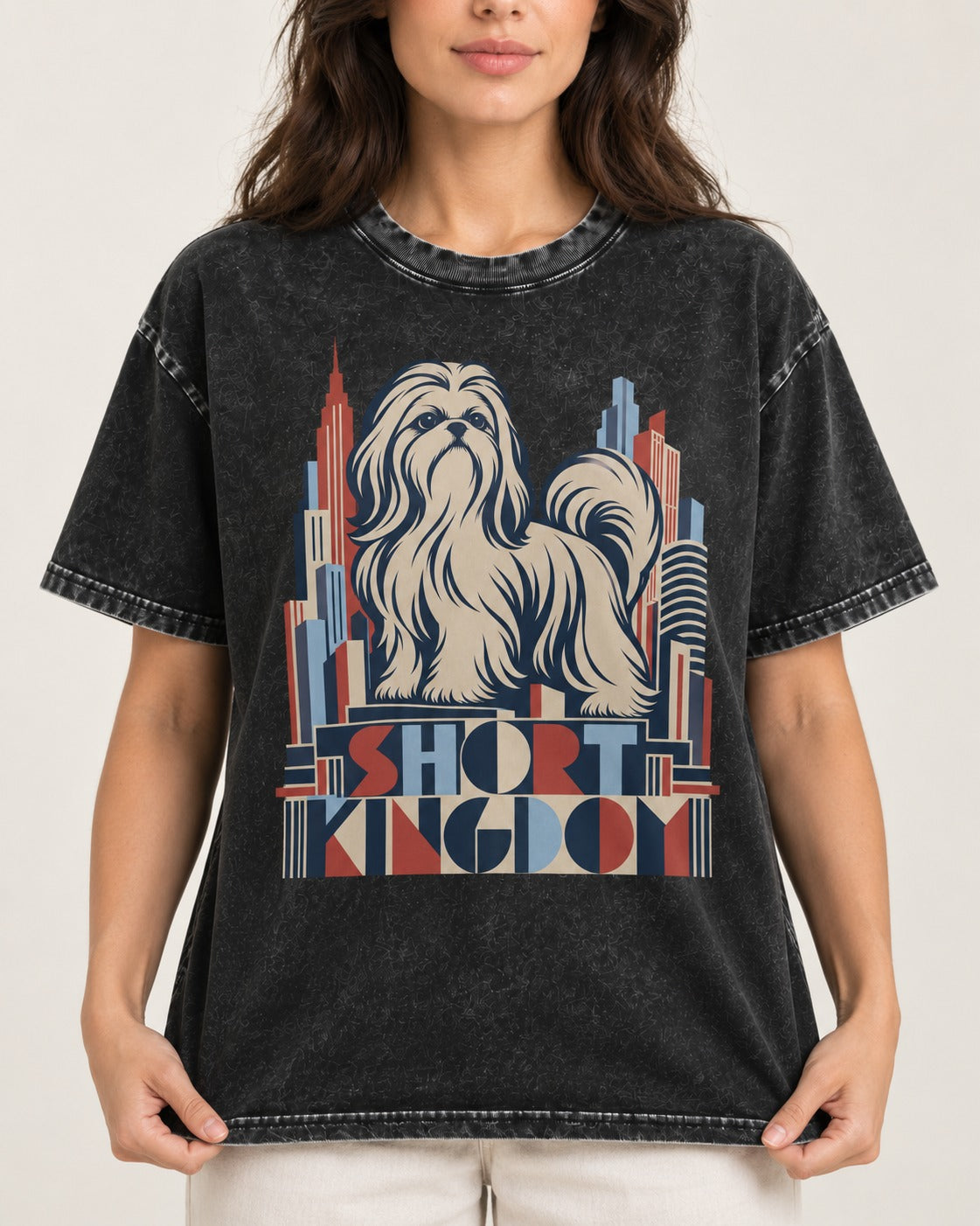 Shih Tzu Short Kingdom Art Deco Skyline Graphic Washed Tee in Black, worn by a model, front view