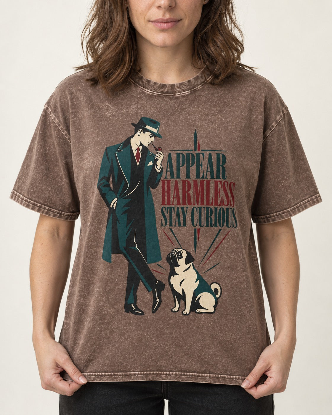 Pug Appear Harmless Stay Curious Washed Tee in Coffee, worn by a model, front view