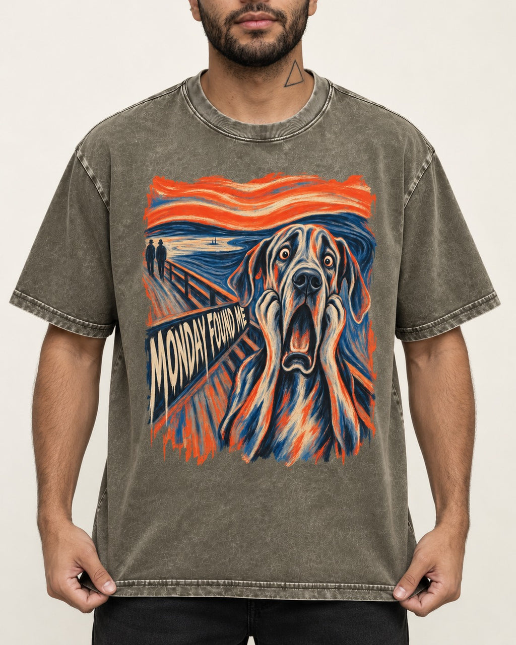 Great Dane Monday Found Me Scream Parody Graphic Washed Tee in Army Green, worn by a model, front view