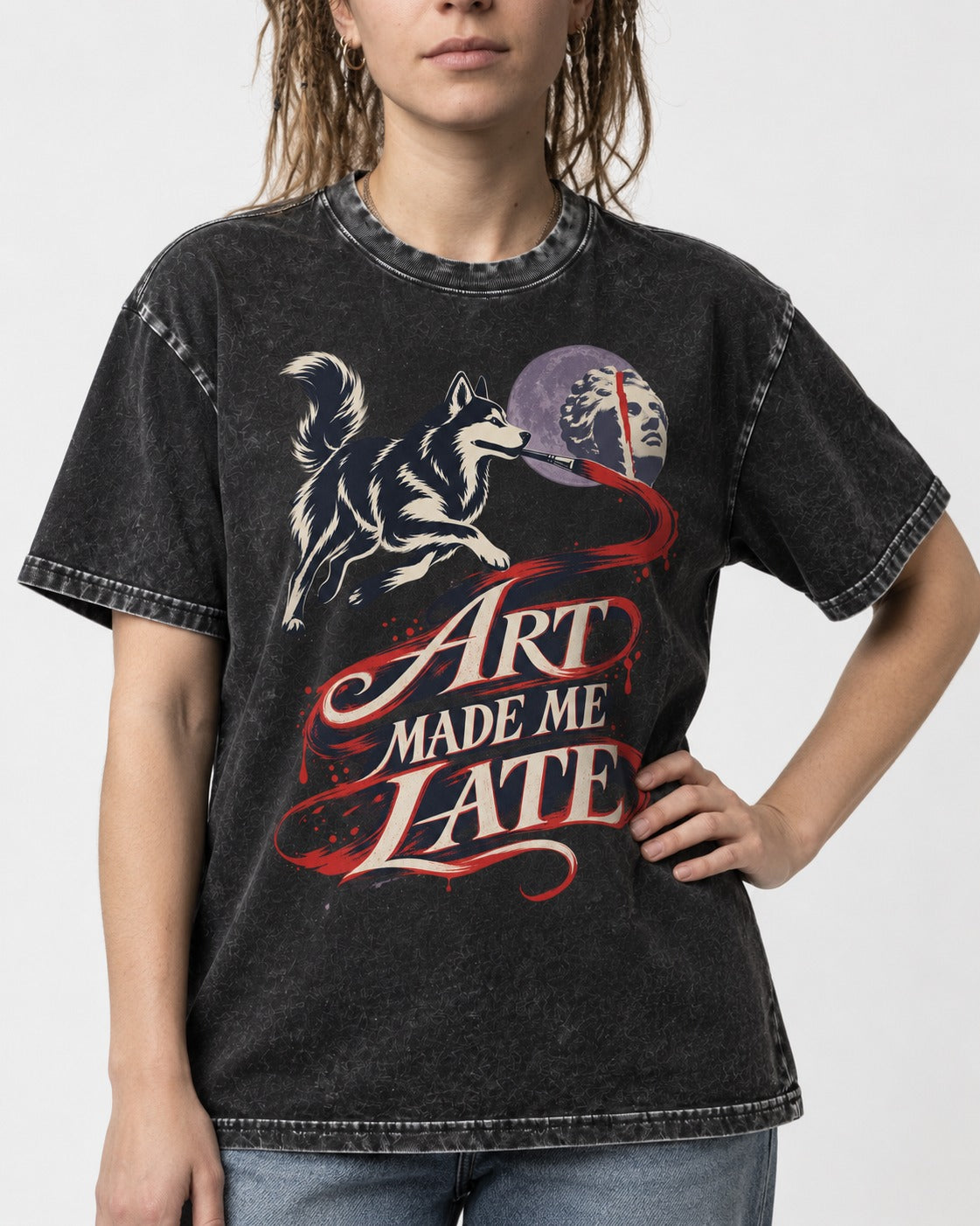 Husky Art Made Me Late Paintbrush Graphic Washed Tee in Black, worn by a model, front view