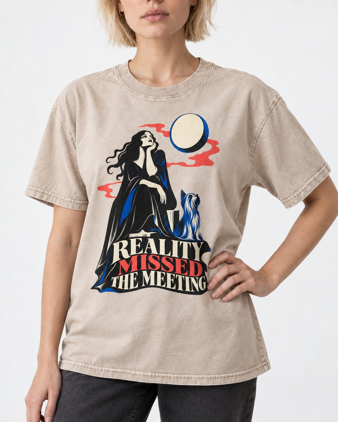 Yorkshire Terrier Reality Missed the Meeting Washed Tee in Apricot, worn by a model, front view