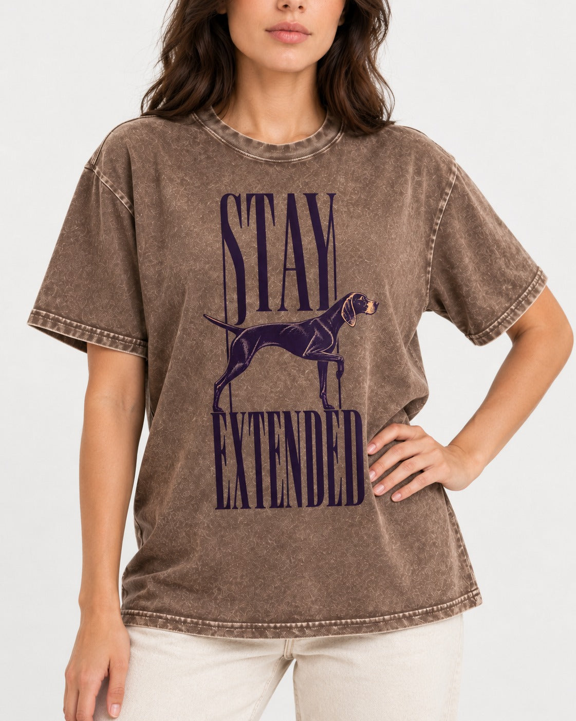 Stay Extended German Shorthaired Pointer Washed Tee in Coffee, worn by a model, front view
