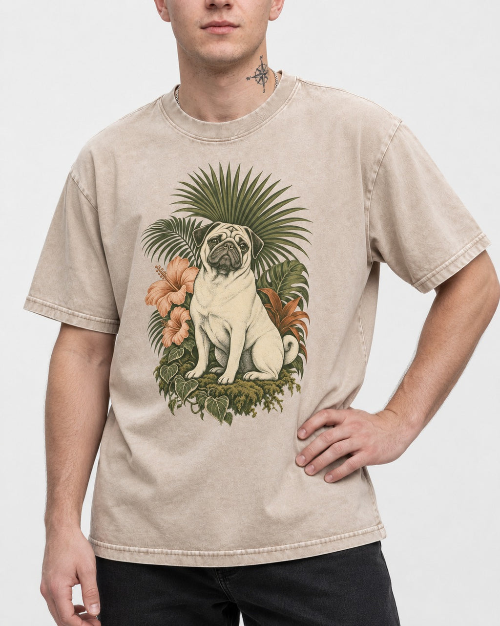 Pug Paradise Washed Tee in Apricot, worn by a model, front view