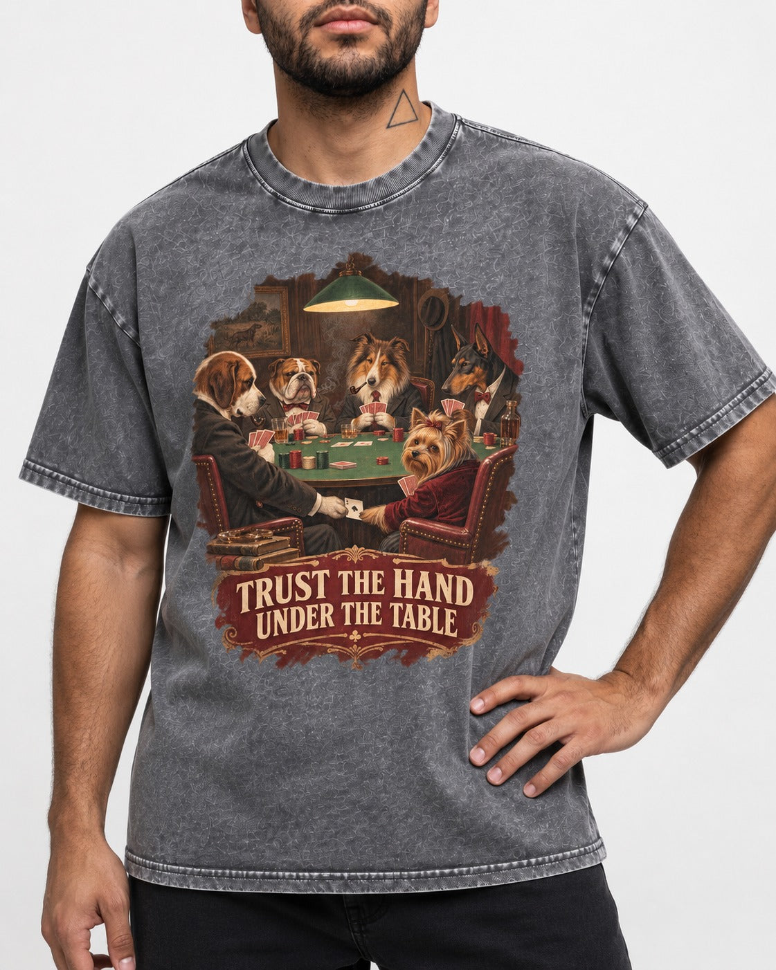 Yorkshire Terrier Trust the Hand Under the Table Poker Dogs Graphic Washed Tee in Gray, worn by a model, front view