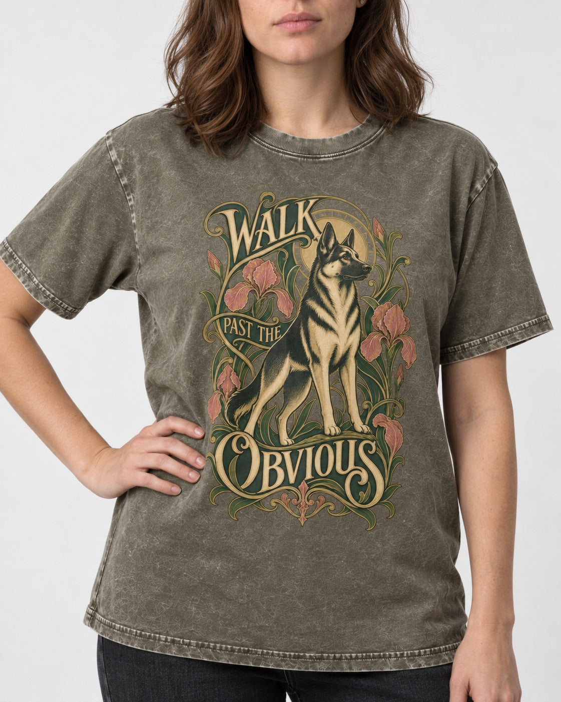 Walk Past The Obvious Art Nouveau German Shepherd Dog Graphic Washed Tee in Army Green, worn by a model, front view