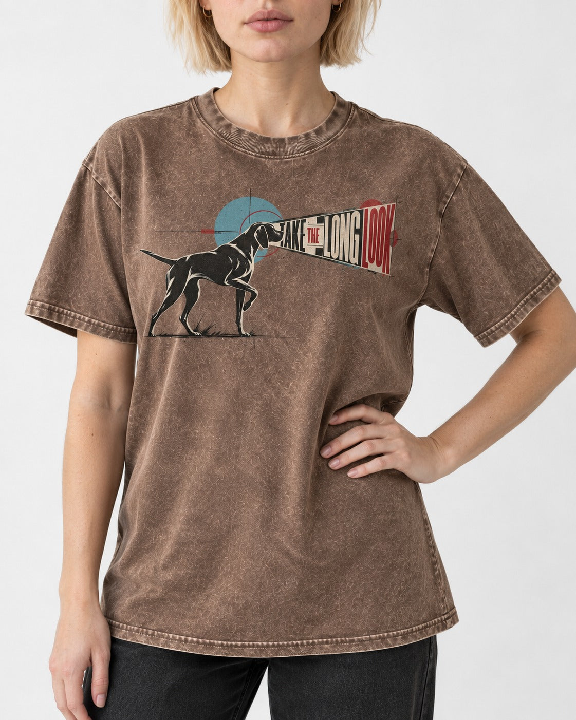 German Shorthaired Pointer Take the Long Look Washed Tee in Coffee, worn by a model, front view